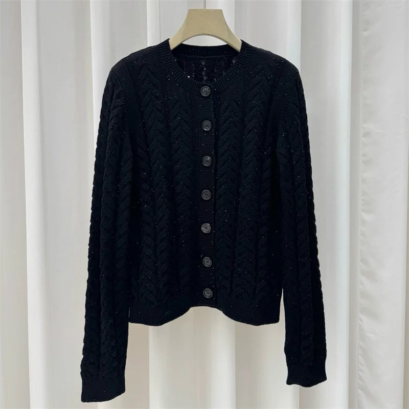 

Cardigan for women New elastic knitted slim fit long sleeved top for autumn 2025 pure cotton women's sweater round neck pullover