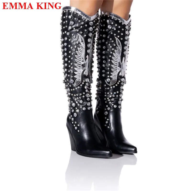 Women Knee High Boots Autumn Winter Rhinestone Diamond Western Boots Woman Fashion Cowboy Botas Mujer Chunky Heel Ladies Shoes