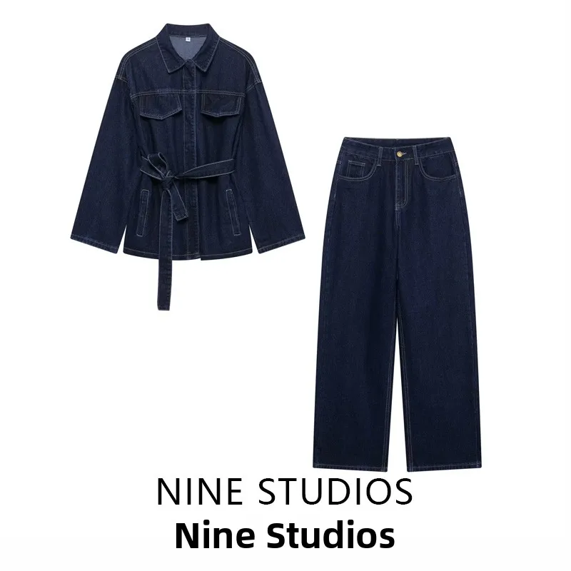 

Nine Za New Women's Loose Denim Jaet with Belt Collar Turn-down Collar Jeans Set Faionable Two-piece Suit Long Sve Lon...