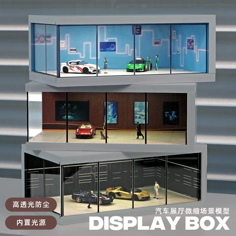 1:64 Scale Car Model Showroom with LED Light Acrylic Display Stand Transparent Dustproof Collectible Toys Car Model