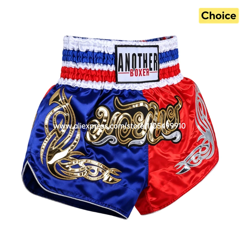 Thai Boxing Shorts Blue Red Muay Thai Trunks with Gold Embroidery Kickboxing Shorts for MMA Gym Training Sparring Cage Fighting