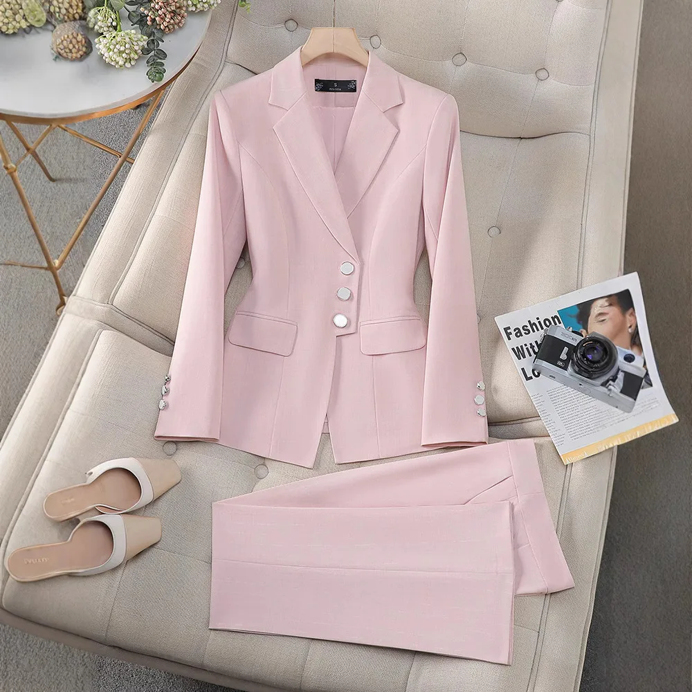 

Pink Professional Casual Long-sleeved Blazer Women Pants Suit Autumn Winter Two-piece Suit Fashion Ladies Work Wear 2 Piece Set