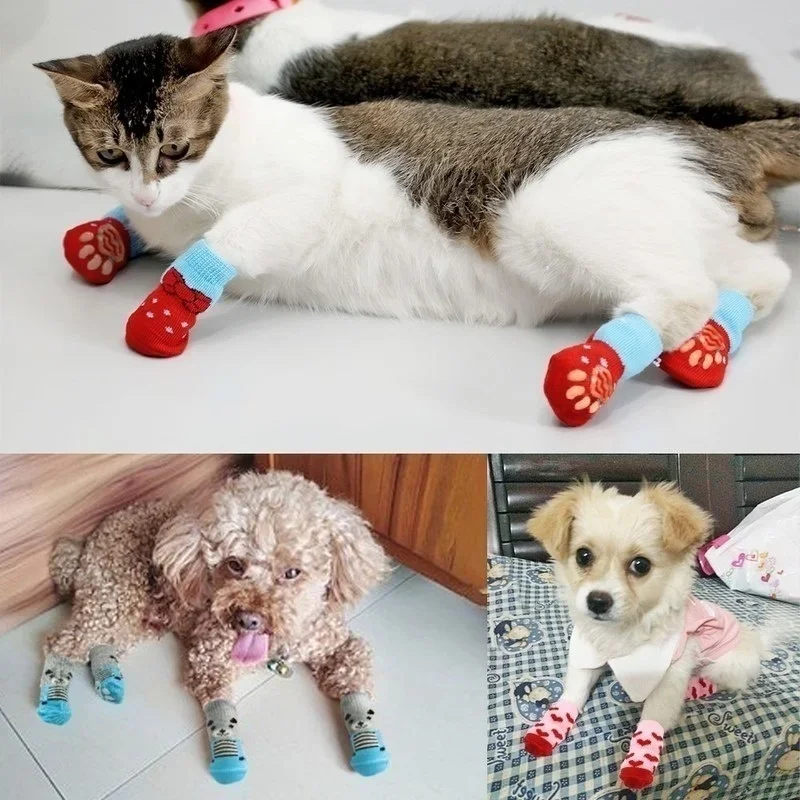 Meias de malha antiderrapante para animais de estimação, cães pequenos e gatos, meias para cachorros, botas chihuahua, roupas internas de inverno, protetores de pata