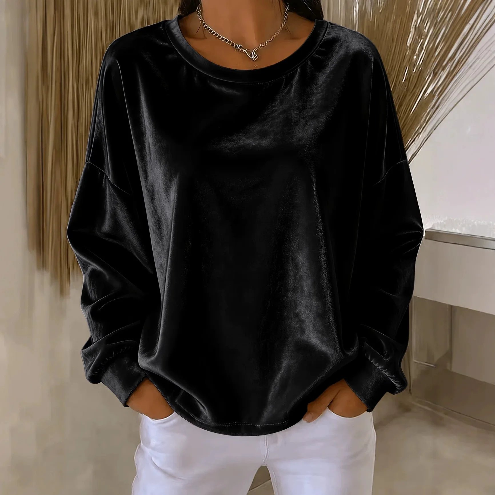 (anno Self-developed) 2026 Women's Velvet Round-neck. Long-sleeve Random T-shirt Outfits Elegant Bandage Boho