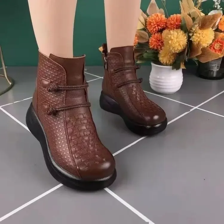 Women's Round Toe Short Boots Autumn Winter Soft Sole Plush Ethnic Style Retro Thick Bottom Round Head Solid Color Shoes