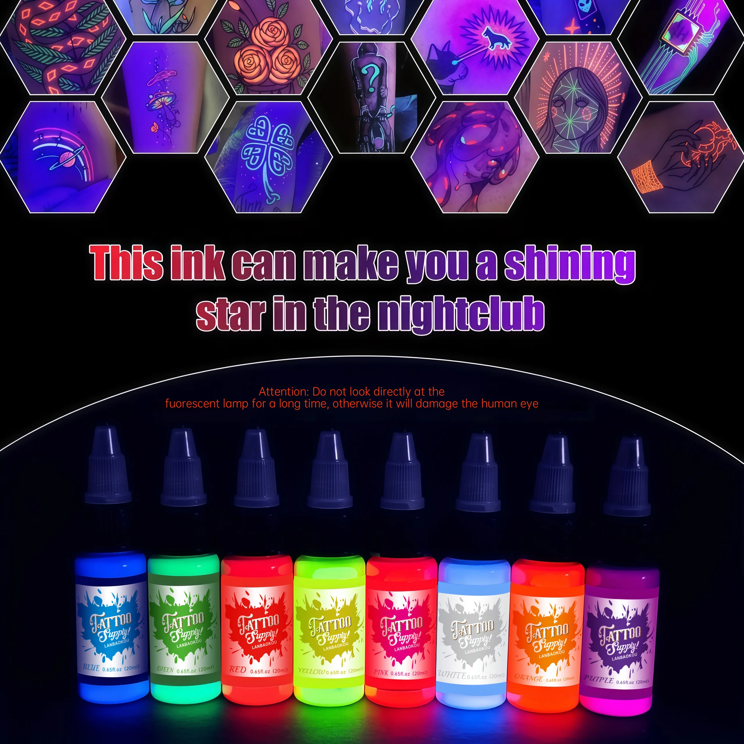 8PCS 20ml Fluorescent Tattoo Ink Set Professional Tattoo Pigment Tattoo Painting Tattoo Supplies Professional Supply