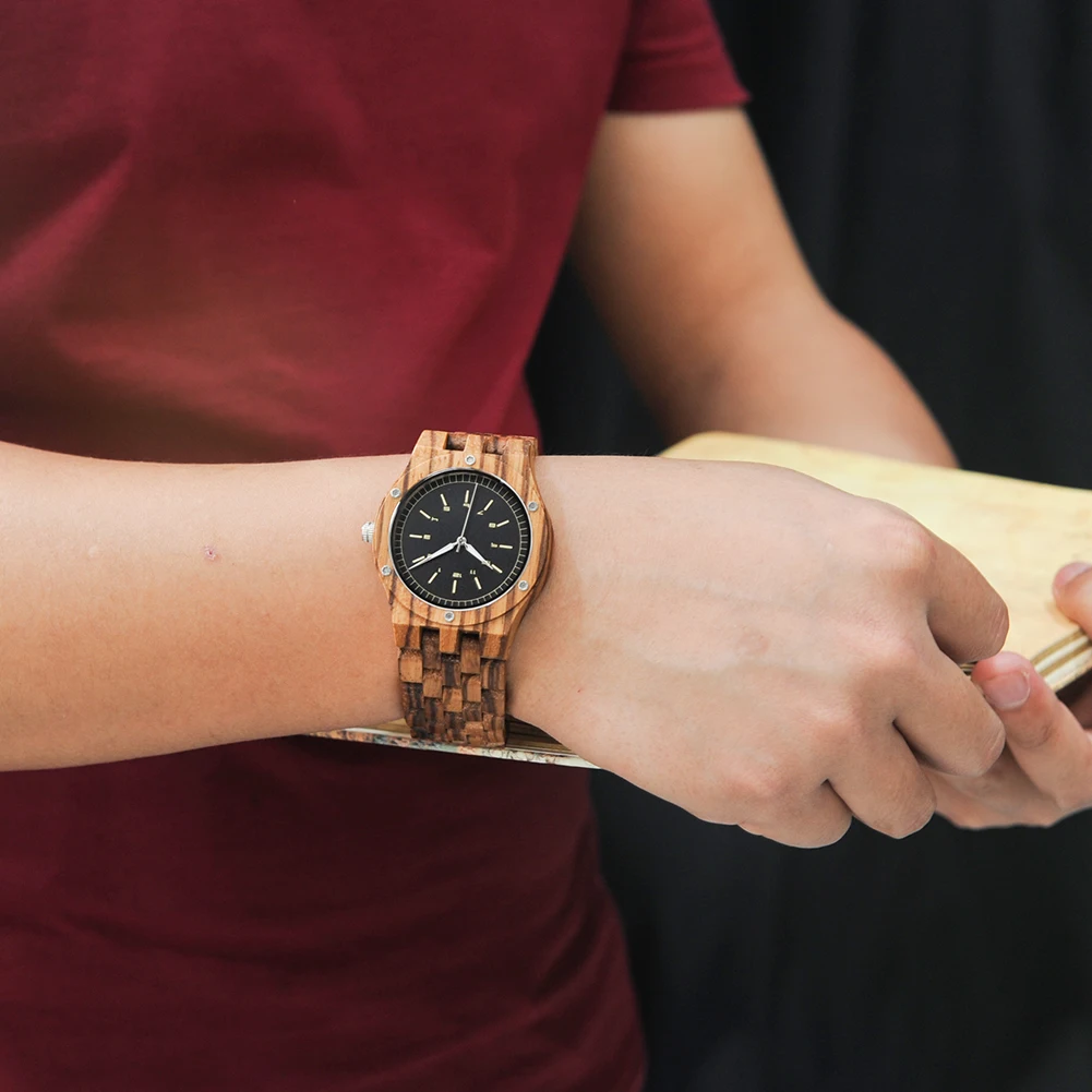 Clearance ผู้ชายนาฬิกาไม้ที่กําหนดเองชื่อโลโก้ผู้ชายนาฬิกาข้อมือควอตซ์ ZEBRA สายไม้ปรับแต่งแฟชั่นนาฬิกาของขวัญ