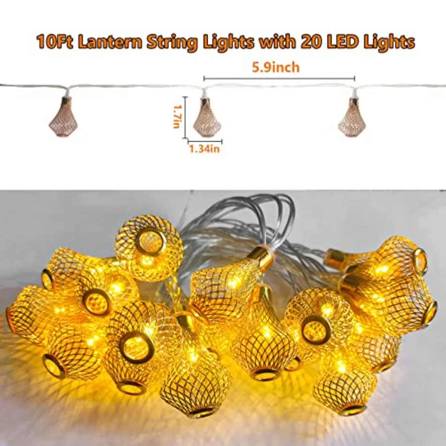 Moroccan Lantern String Lights Battery Powered 10Ft Fairy Lantern Lights 20 LED Golden Raindrop Lights, Warm White String Light