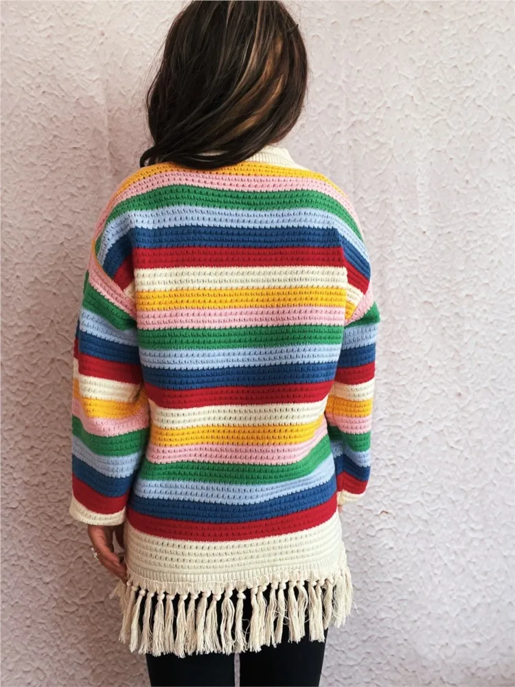 Colorful Striped Fashion Knitted Sweater Autumn Winter Retro Tassel Women's New Casual Round Neck Sweater Свитер Женский 4