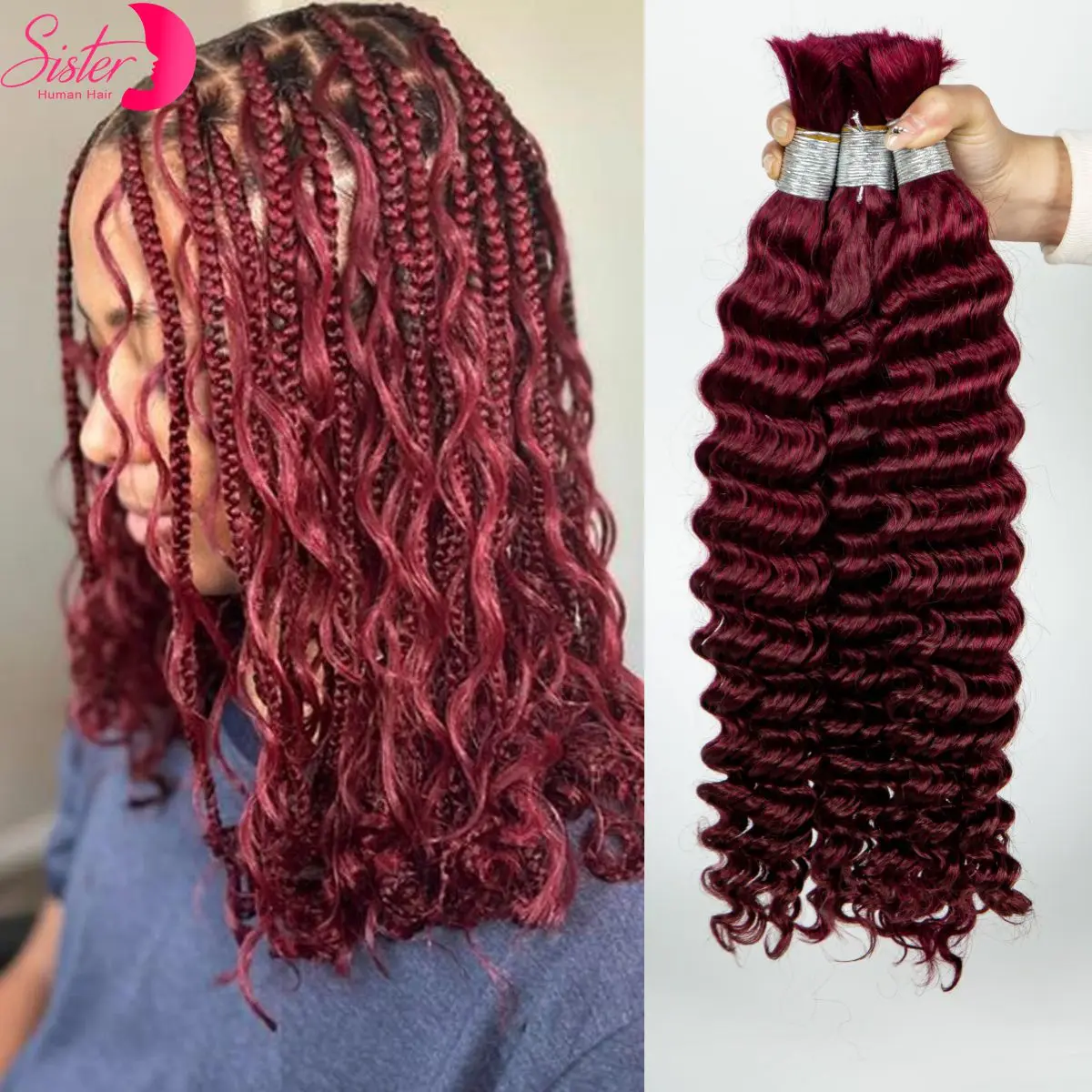 Onda profunda borgonha em massa cabelo humano 100% não processado sem trama para boho tranças extensões de cabelo encaracolado em massa para trança de caixa sem nós