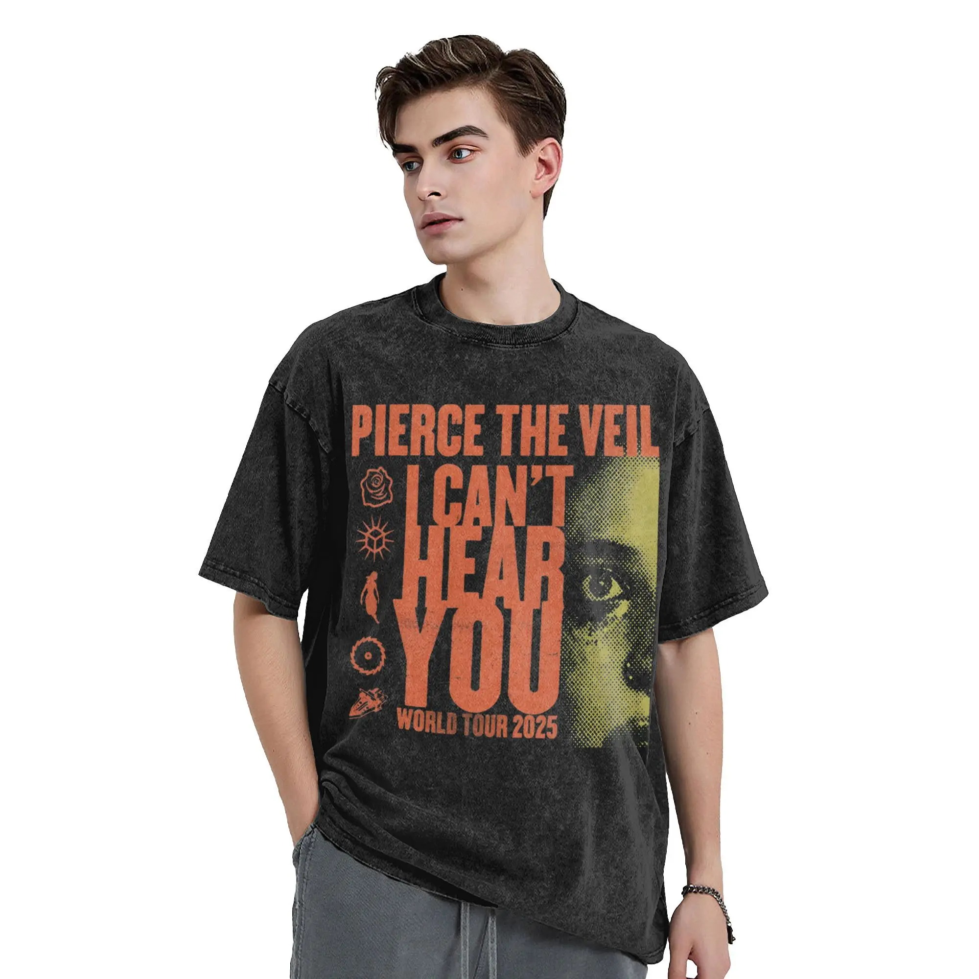 Pierce The Veil I Can' Hear You World Tour T Shirt Hip Hop Washed   Oversize T-Shirts  Novelty Men Women Streetwear Tops Tees