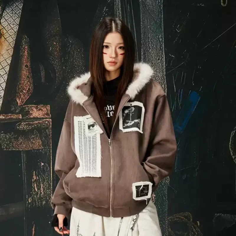 

New Style Punk Patchwork Fur Collar Loose Hooded Zipper American Style Daily Fashion Sweatshirt Coat For Man And Woman