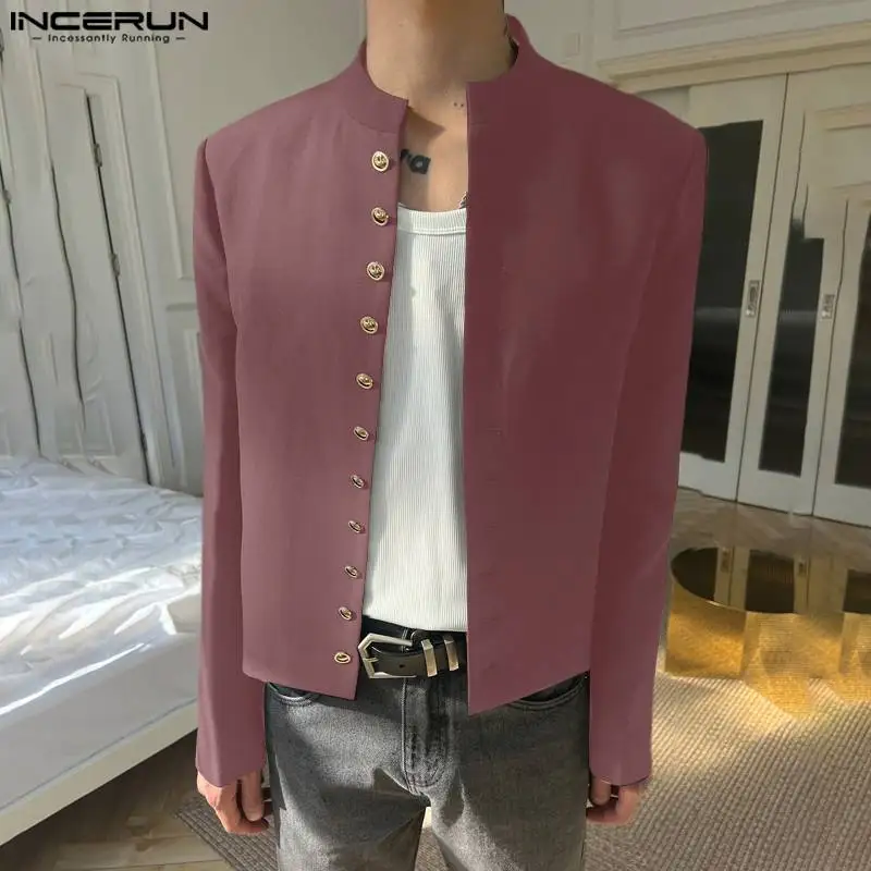 INCERUN Men Blazer Solid Color Stand Collar Long Sleeve Button Casual Male Suits Streetwear 2024 Autumn Fashion Thin Coats Men