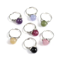 2/5pcs 30x20mm Natural Stone Crystal Ring for Women Random Color Round Adjustable Stainless Steel Ring Jewelry Gift Accessories