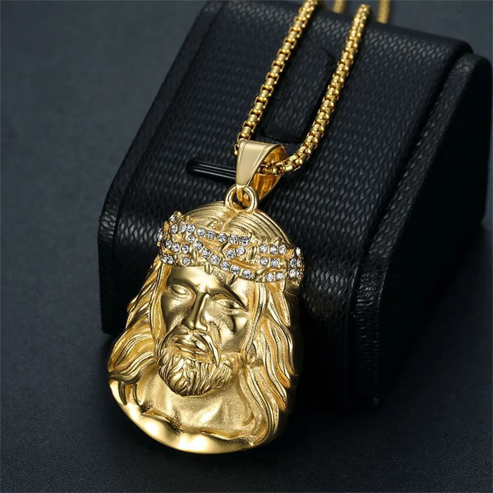 

Hip Hop Iced Out Jesus Head Pendnat Male Gold Color Stainless Steel Christian Necklace For Men Religious Party Jewelry Gift