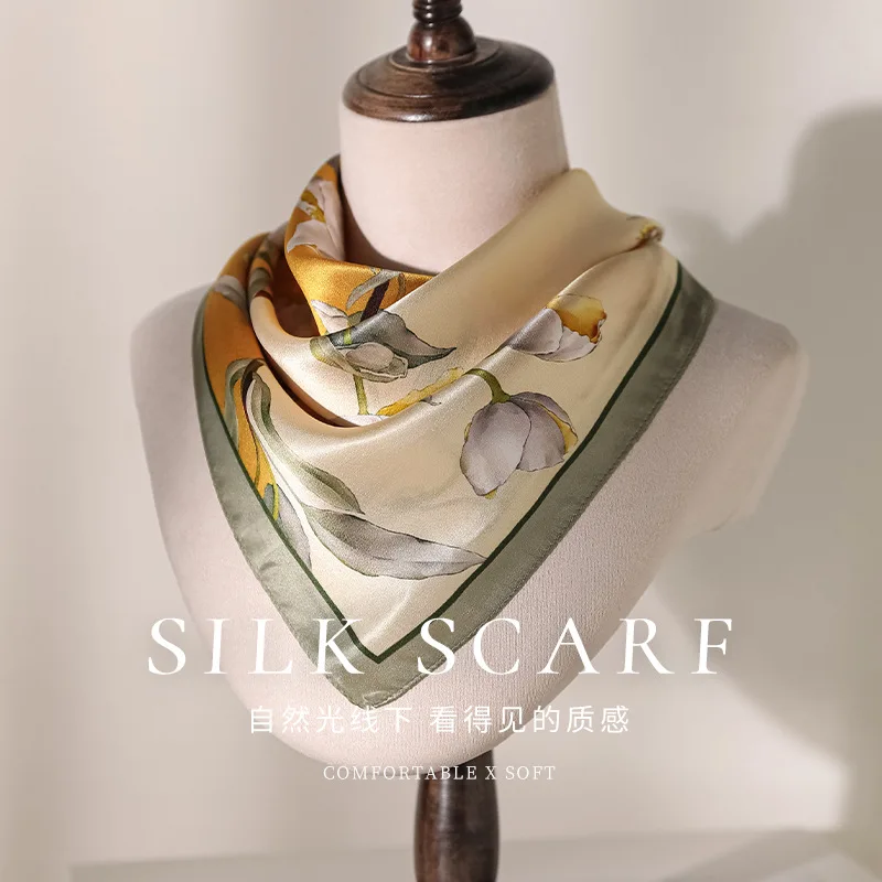 100% Silk Scarf Luxury Hijab Hair Band Print Women's Headbands Shawl Neckerchief Foulards Femme Accesories Wraps
