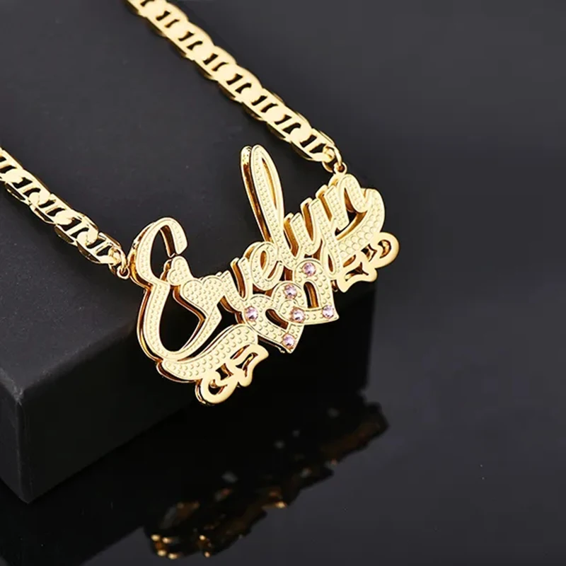 Personalized Double Layer Two Heart With Birthstone Zircon 18K Gold Plated Double Custom 3D Name Pendant Necklace For Women