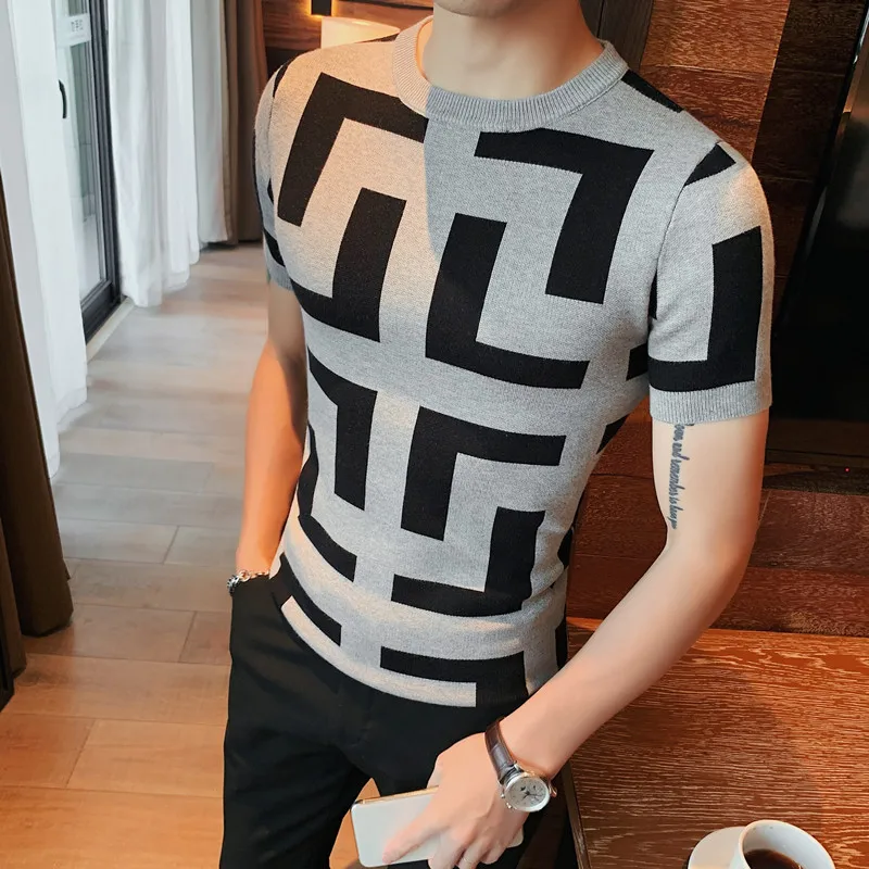 2024 Autumn Lapel Men\'s Short Sleeve Knitwear T Shirt High Quality Jacquard Pattern Slim Korean Style Crew Neck Tee Shirt 4XL-M