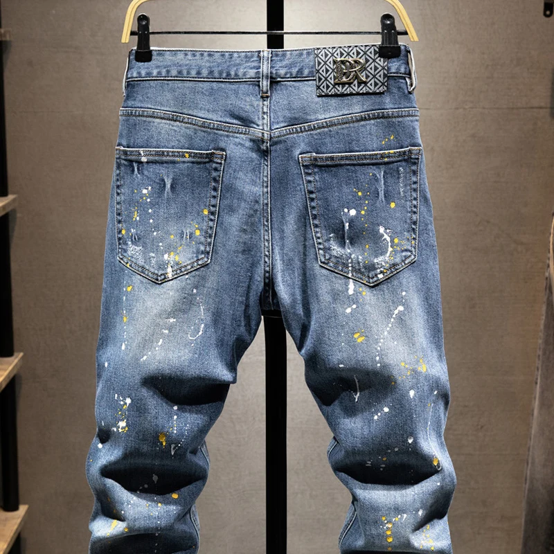 Street Designer Fashion Men Jeans Retro Blue Stretch Slim Fit Painted Ripped Jeans Men Hip Hop Vintage Y2K Denim Pants Hombre