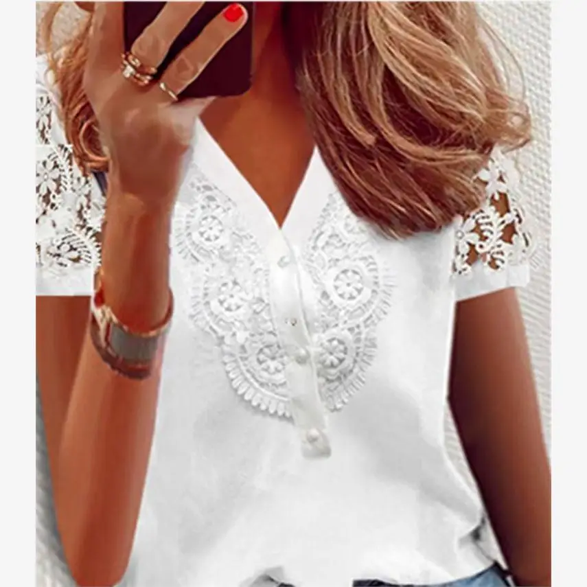 OL White V-ne Buttoned Lace Splice ort Sve irt Commute Sle Women's Top Polyester Fabric Straight Cut Regular Length