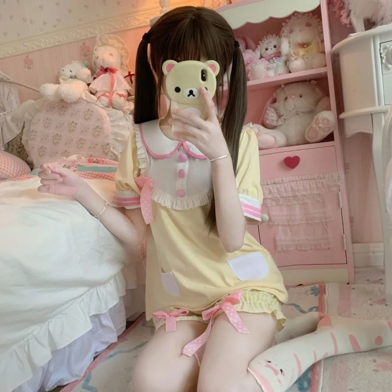 Japanese Sweet Lolita Style Shorts Set Women Kawai Peter Pan Collar T-shirt Bow Plaid Underwear Short Pants Suit Y2k 2 Piece Set