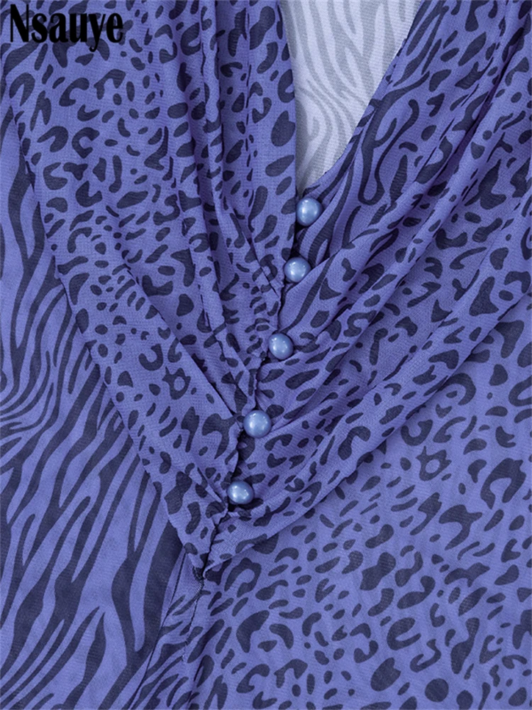 Nsauye 2025 Vrouwen Lange Mouw Laag Uitgesneden Sexy Party Night Club Jurk Party Chic Elegante Mesh Luipaard Print Bodycon Jurk Outfit