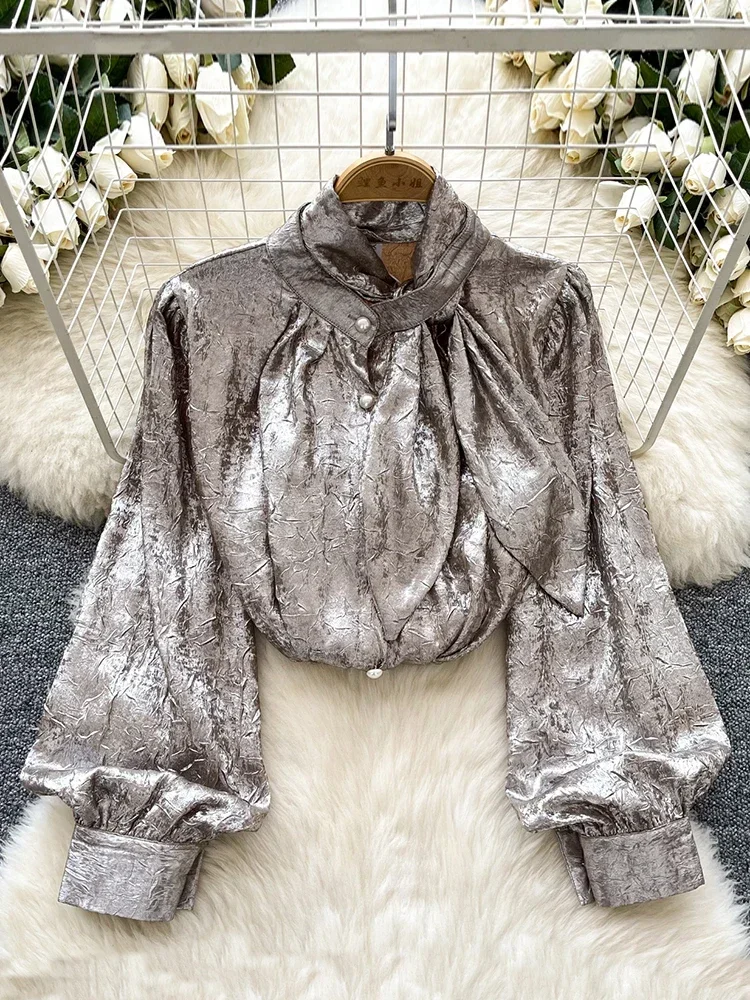 

Women's Shirt Metallic Stand Up Collar Lantern Sleeve Autumn Temperament Trendy Top Blouse Female Tops Asian Size BL015