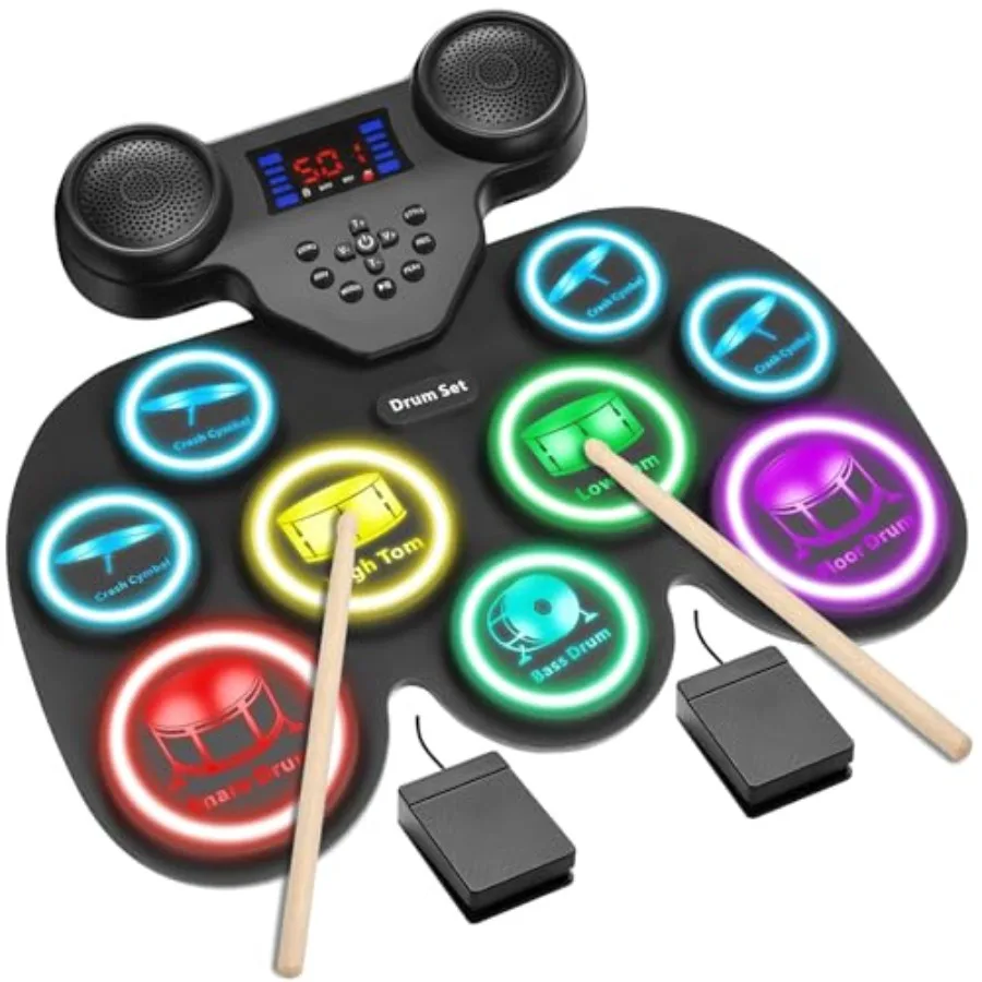 

9-Pad Electronic Drum Set with 7-Color LED Light Show on Strike Extra-Thick Drum Pads for Better Rebound Bluetooth MIDI Support