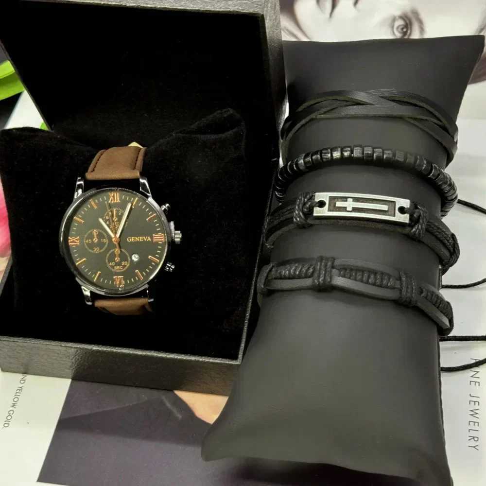 5ชิ้นนาฬิกาชายธุรกิจควอตซ์ข้อมือสแตนเลสรวมกล่องสำหรับพักผ่อนกลางแจ้งกีฬาวิ่งทำงาน