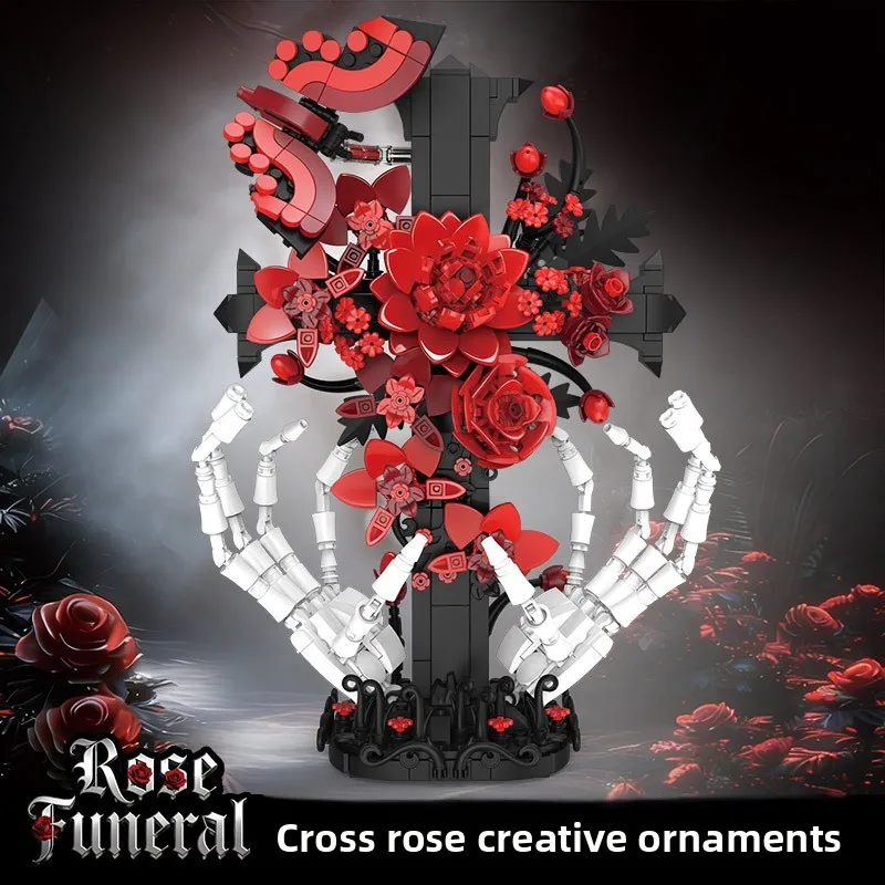 Gothic Skeleton Hand Rose Cross Building Blocks Toy Assembly Creative Flower Ornament Model DIY Assembly Toy Halloween Gift