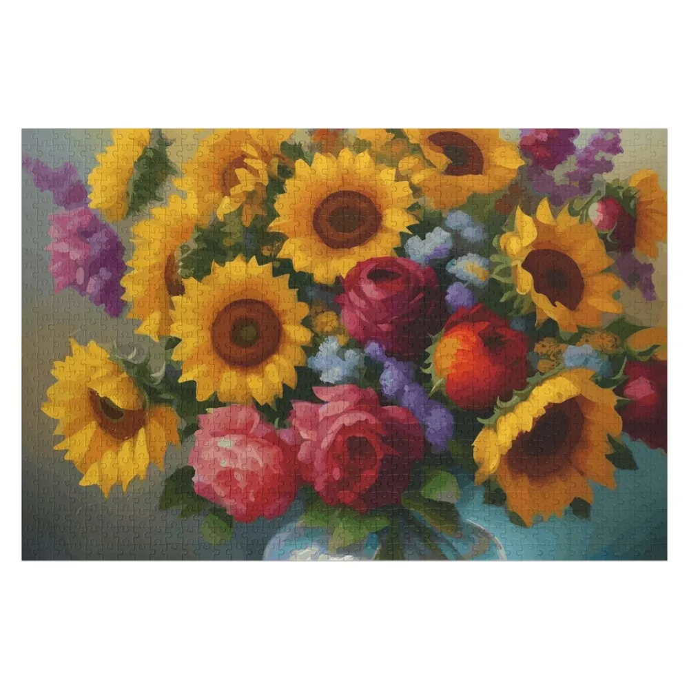 

Деревянный пазл с подсолнухами, розами и бархатистыми лилиями в стеклянной вазе, с возможностью персонализации имени, деревянная игрушка, персонализированный деревянный пазл с именем