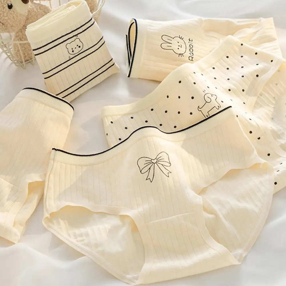 Women Underpants Mid Waist Cartoon Print Japanese Style Butt-lifted Elastic Quick-drying Sport Casual Briefs Female Panties 95