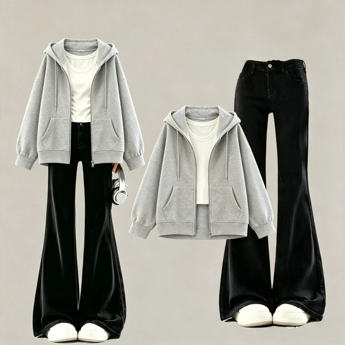 Girls Autumn Korean Sweatshirt Jacket New Spring and Autumn Loose Long Sleeved Jacket Micro Flared Pants Two Piece Set