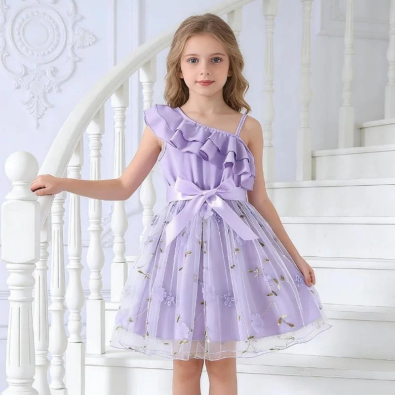 Girls Baby England Style Dresses Kids Lotus Leaf Sloping Shoulder Suspender A-line Skirt Summer Children Fashion Party Clothes