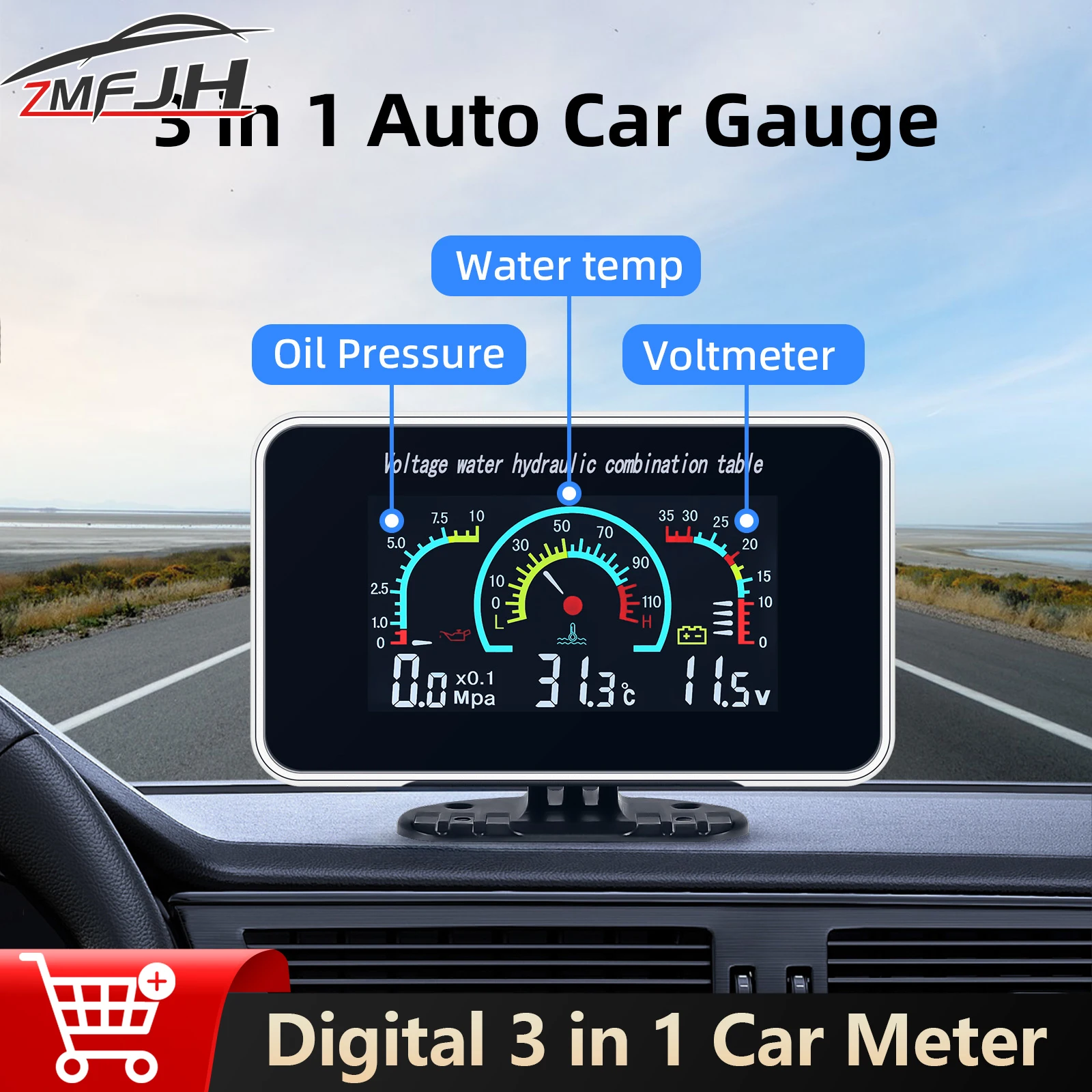 

3 In 1 LCD Digital Car Gauge Oil Pressure Water Temp Meter Voltmeter With 1/8 NPT Sensor LCD Car Truck Dashboard 12V 24V