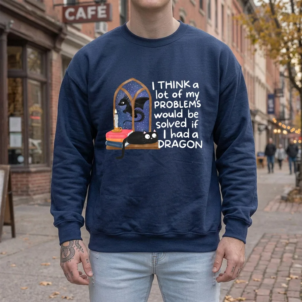 Funny Dragon Problems Graphic Mens Sweatshirt Cat Mythical Fantasy Pullover Dark Academia Bookworm Retro Gothic Gears Hoodies