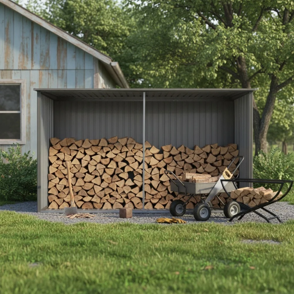 14x12 Ft New Outdoor Storage Shed Has Two Functions:Metal Shed And Firewood Shed , More Suitable For Winter , Grey