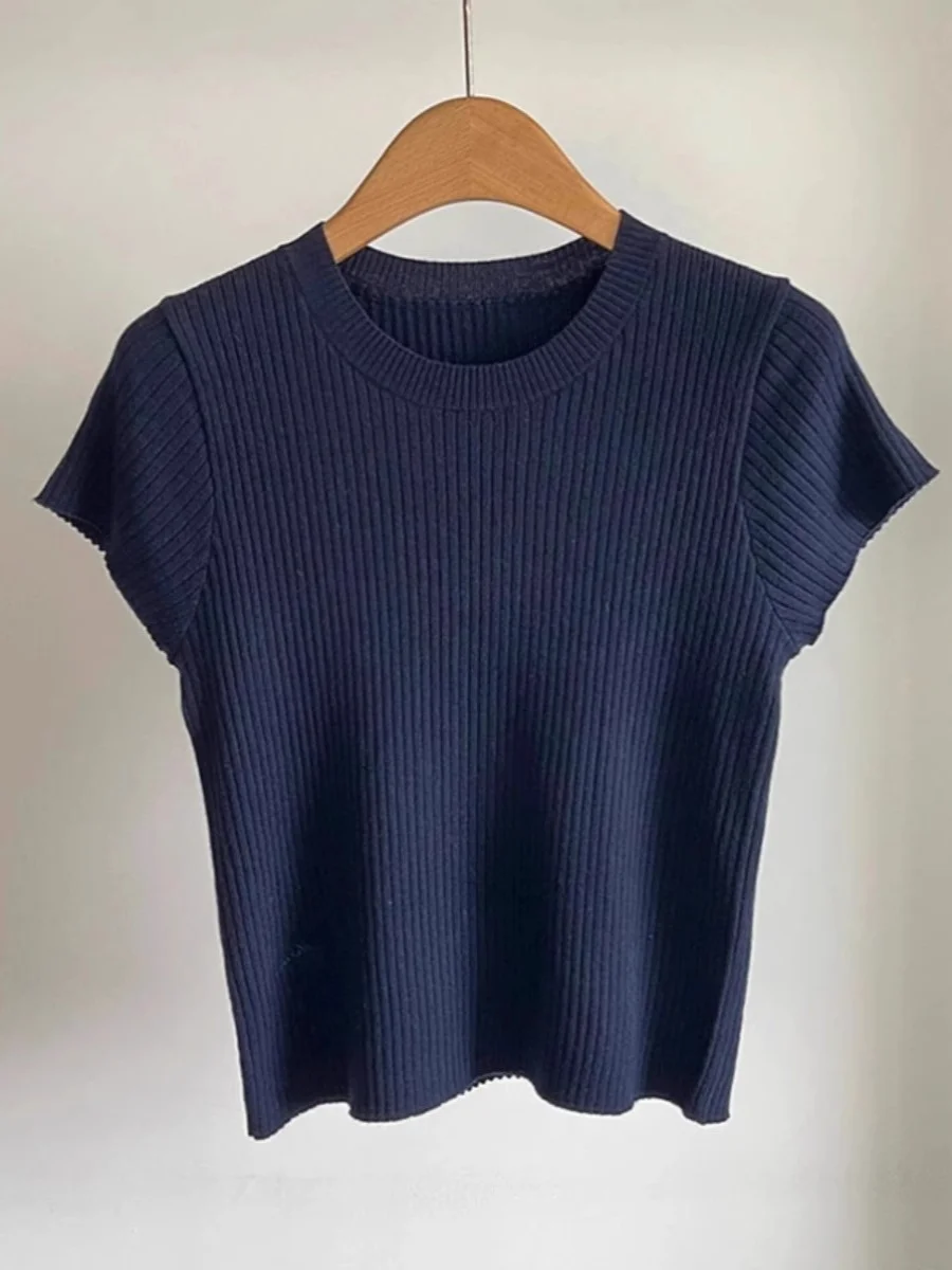 

Deep Blue Ice Silk Knitted Short Sleeve round Neck T-Shirt Women's Summer Elegant Overhead Shirt Guangzhou Thirteenth Factory