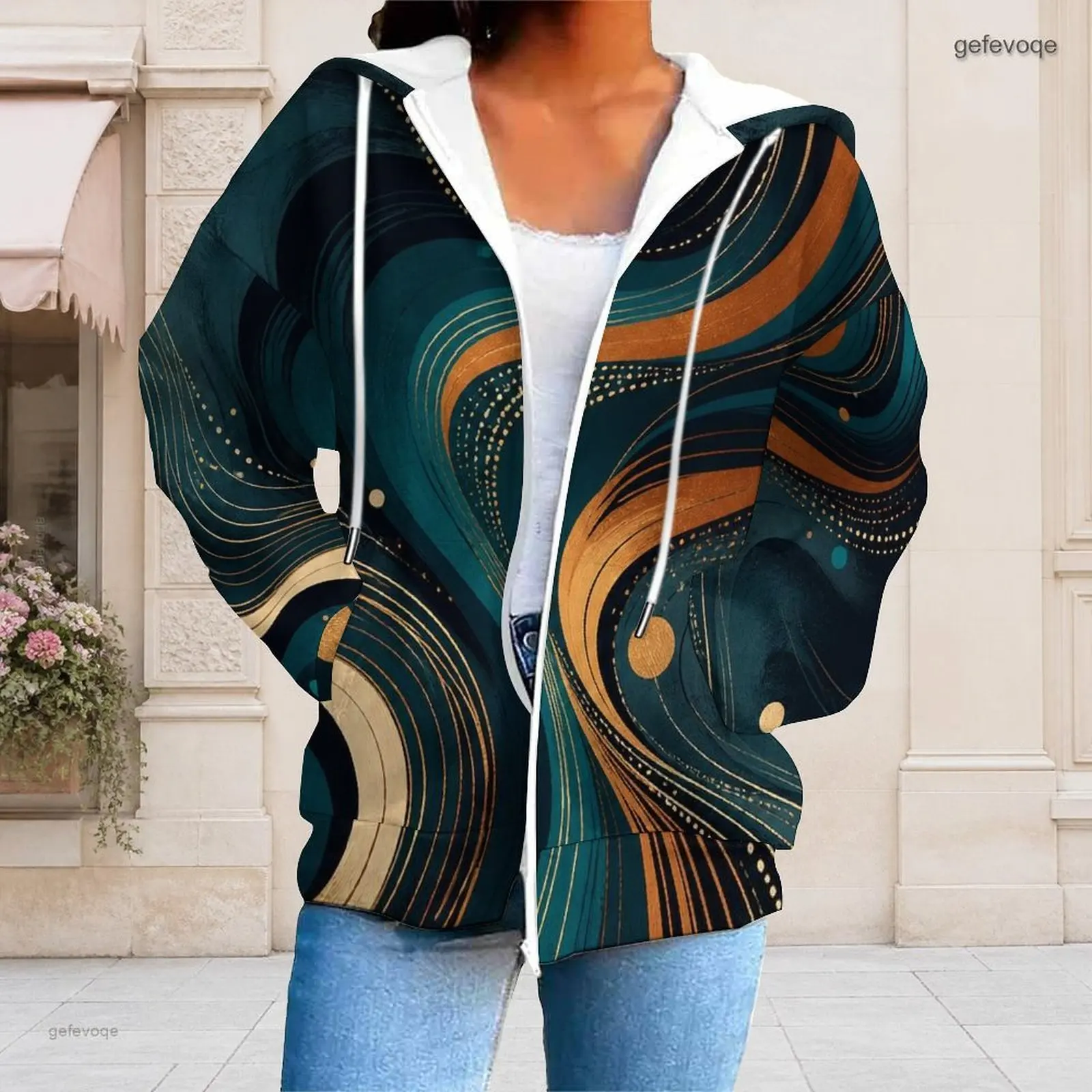 Ropa de otoño con estampado gráfico, de talla grande, para mujer, con capucha, elegante, ropa de talla grande, ropa de mujer para ir de compras y para el uso diario.