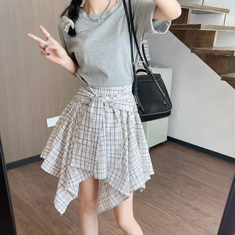 

Classic Irregular Plaid Skirt Summer Women Fashion Shirt Skirts Slim Sheath Dress Sweet Preppy Style Dresses All Match Bottoms