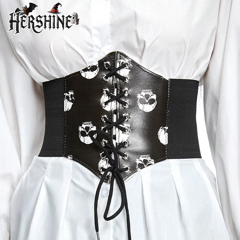 

HERSHINE цельный женский черный эластичный широкий пояс с черепом, Y2K Gothic Punk Harajuku Rock Hip Hop аксессуар, весна, лето