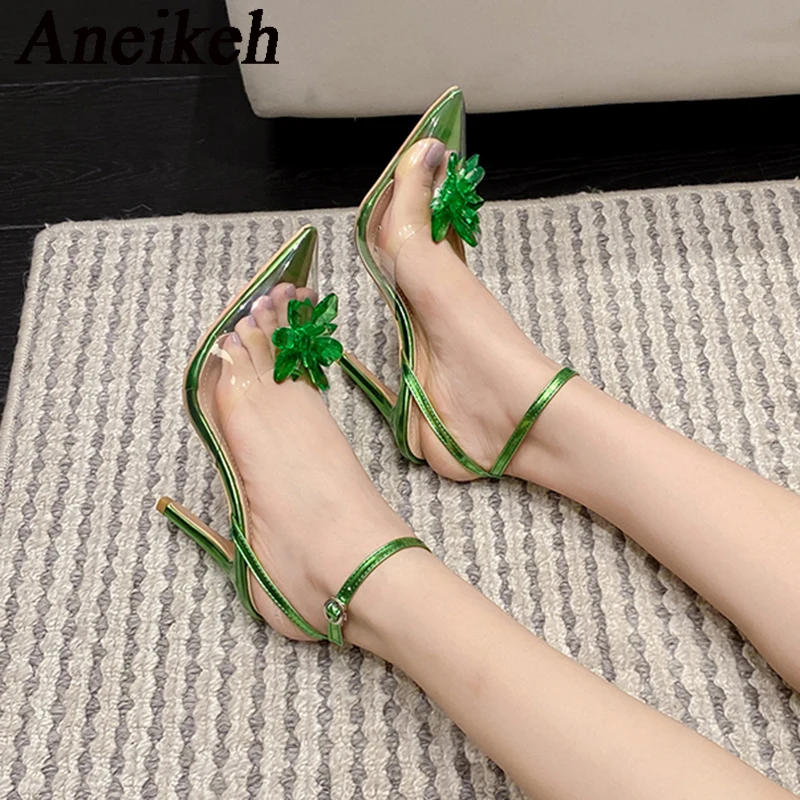 Aneikeh Sexy Crystal Flower Pointed Toe Women Pumps PVC Transparent Sandals Shoes Summer Party Wedding Stripper High Heels Green