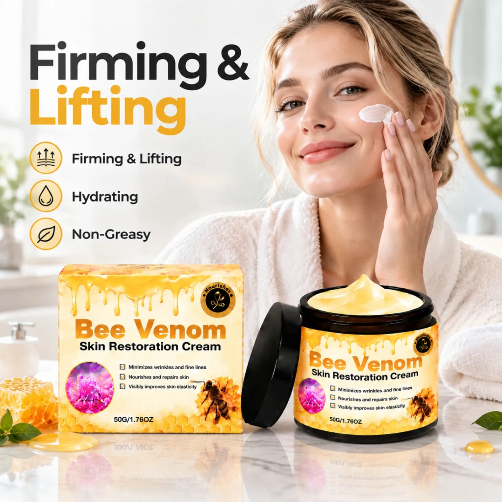 50g Bee Venom Skin Restoration Cream Firming Lifting Moisturizing Face Cream Gentle Non-Sticky Daily Skincare for All Skin Types