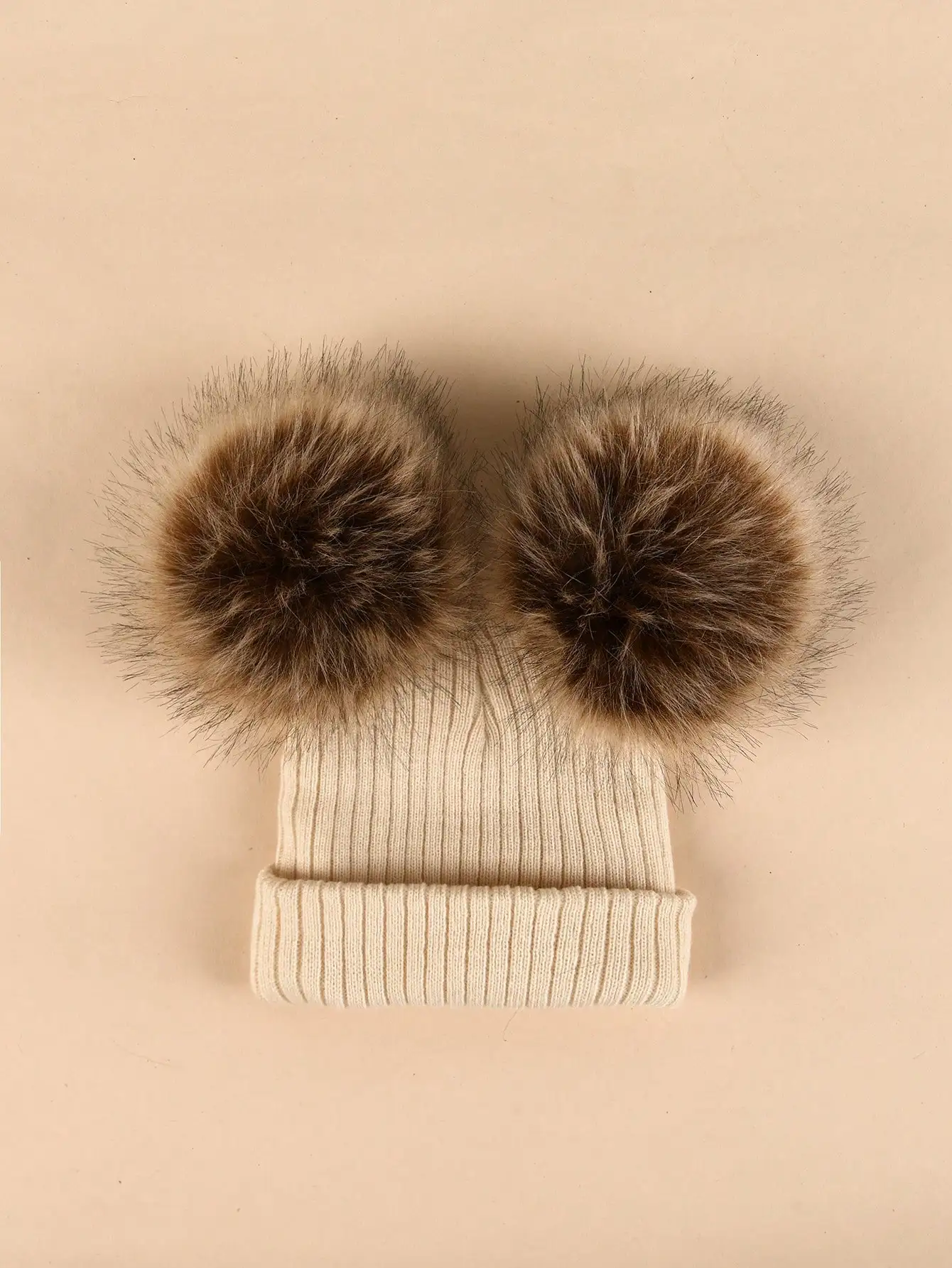 Baby Girl's Faux Fur Fur Double Pompom Knit Hat for Warmth in Autumn and Winter