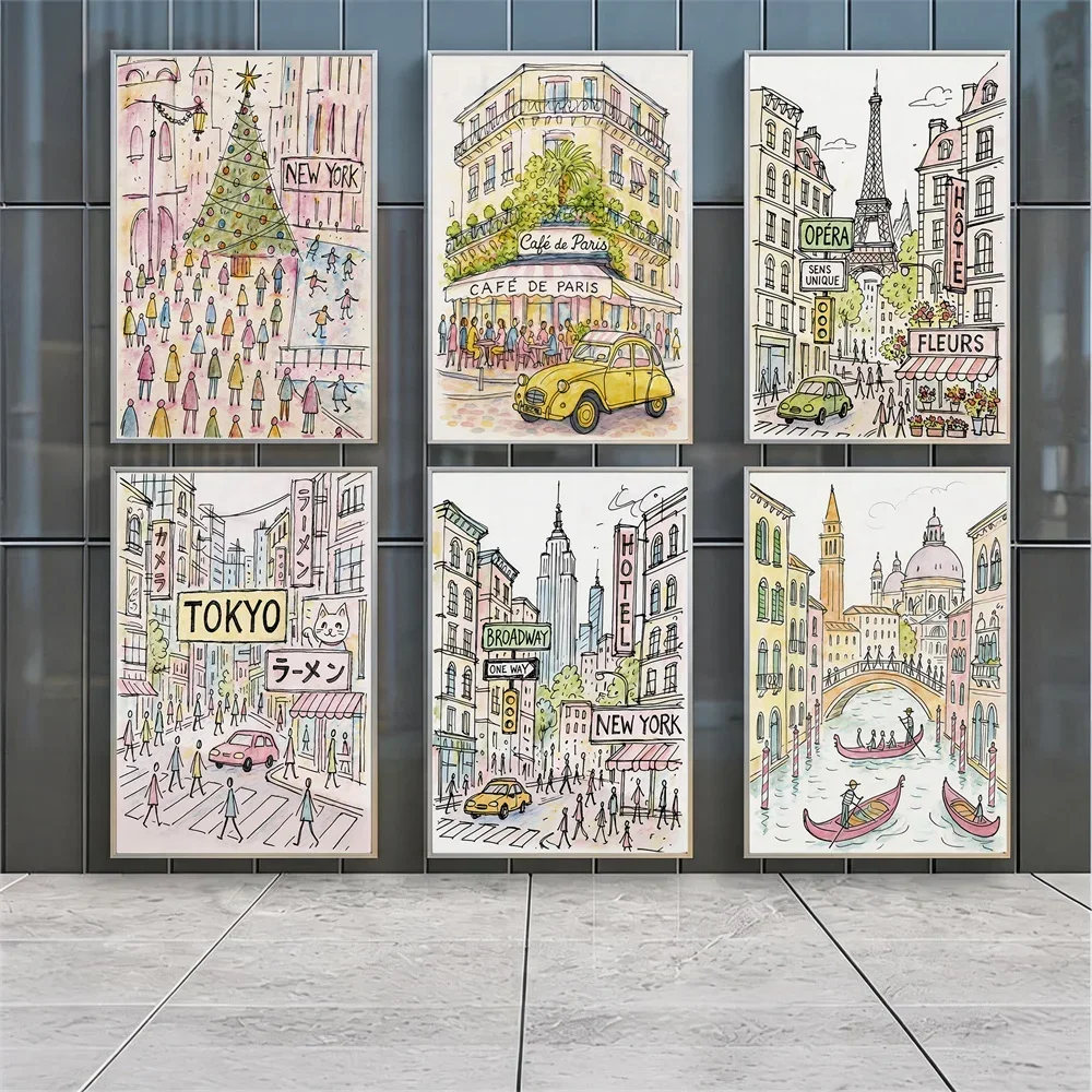 Retro Picture From Paris, New York, and Tokyo Feminine Wall Decorations; Schoolgirl Style Prints; Home D