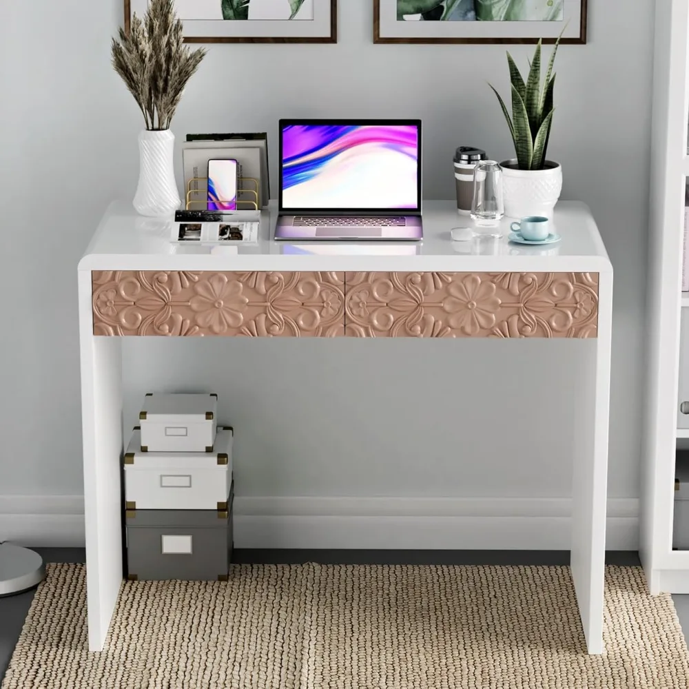 

38 Inch White Wood Desk with Drawers, Narrow Mid Century Carved Modern Small Writing Desk for Bedroom, Home Office, Small Space