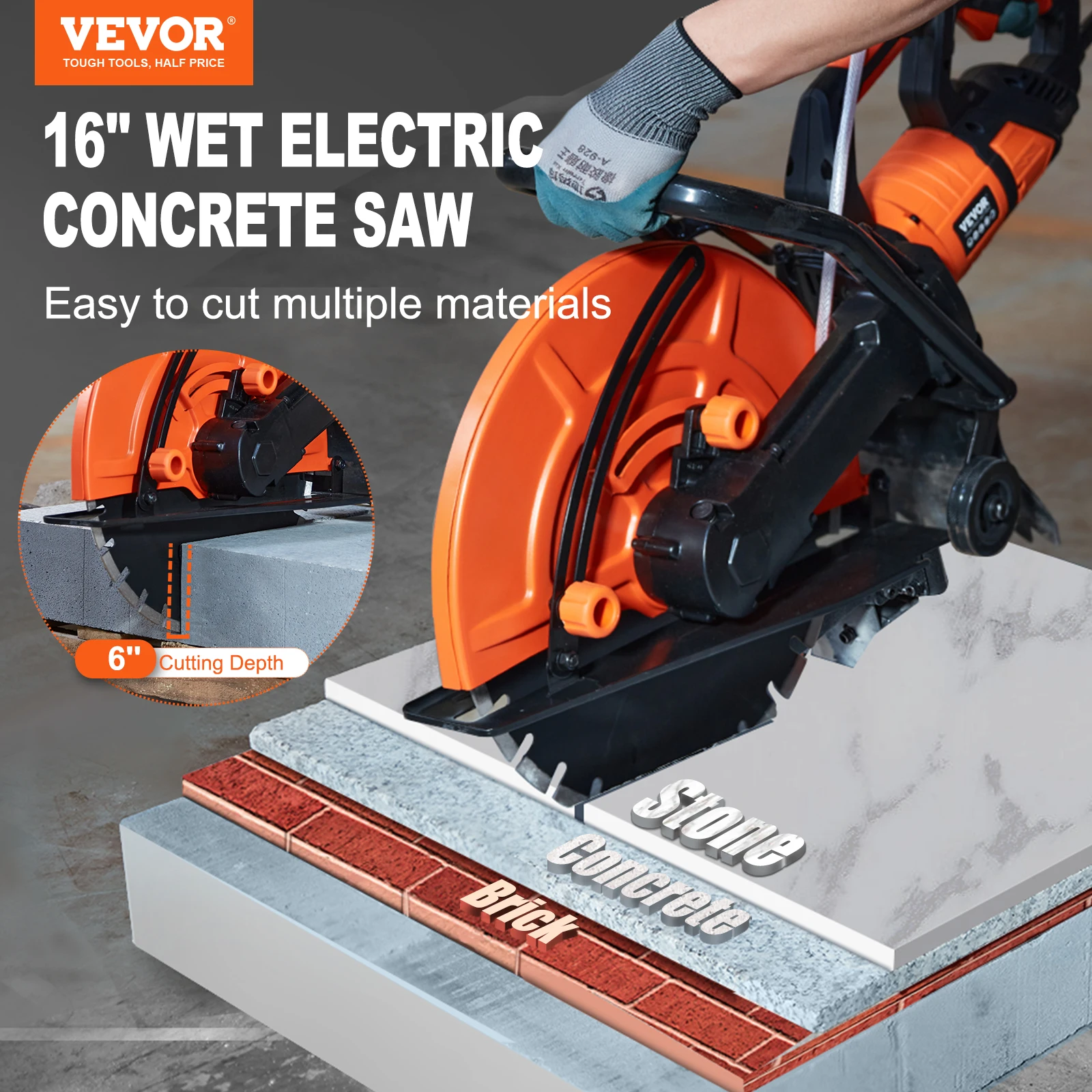 VEVOR Electric Concrete Saw 15A Motor Circular Saw Cutter with Max. 6 in Adjustable Cutting Depth  Wet Disk Saw Cutter for Brick