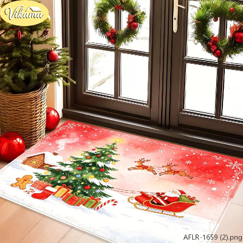 VIKAMA Fairy-Tale Style Christmas Doormat, Winter Snow Scene with Santa Claus Design, Non-Slip Entryway Rug, Home Decor