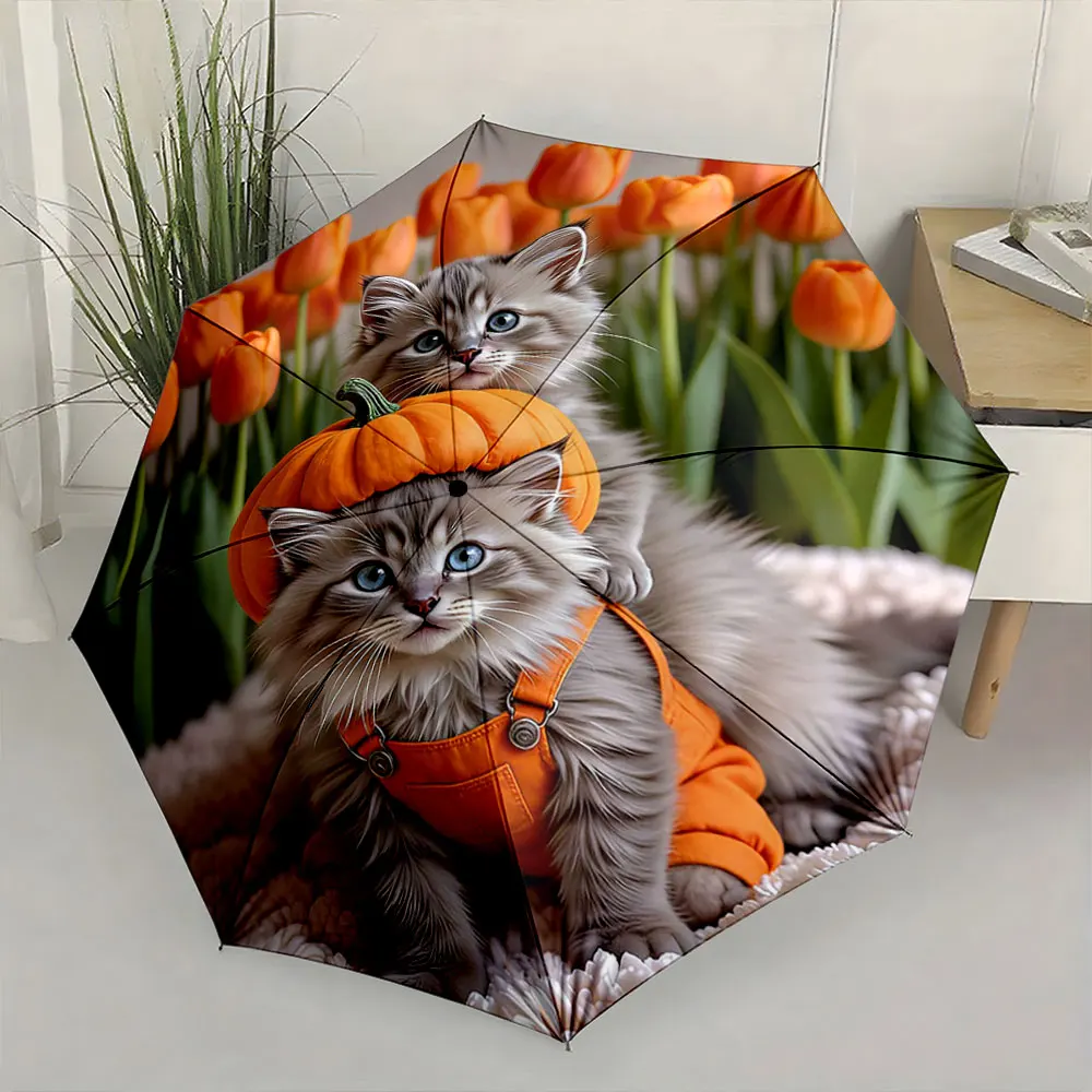 1PC Pumpkin Delights: Cats in Autumn Garden Print 8 Iron Ribs Folding Umbrella Auto-Open Fashion Sunshade