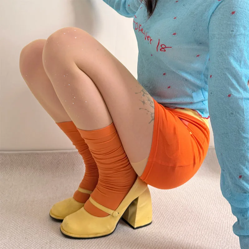 Colorful Knee High Women Socks Dopamine Solid Color Light Purple Avocado Green Orange JK School Girl Party Dancing Socks